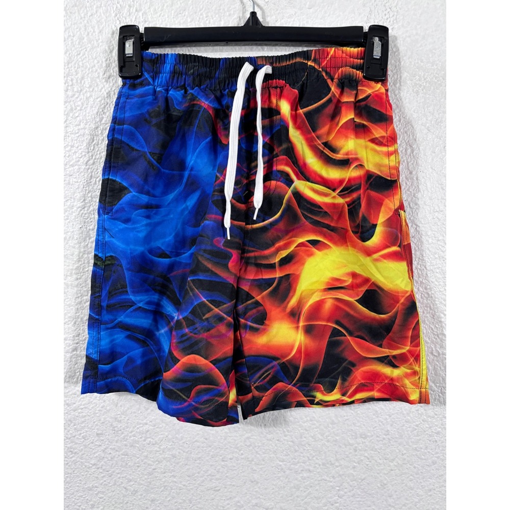 Unbranded Flame Print Swim Trunks Youth 8T Blue Red Fire Ice Board Shorts